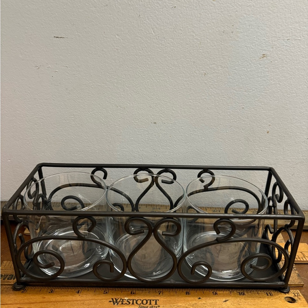 Black Metal Scrollwork Candle Holder with Glass Inserts